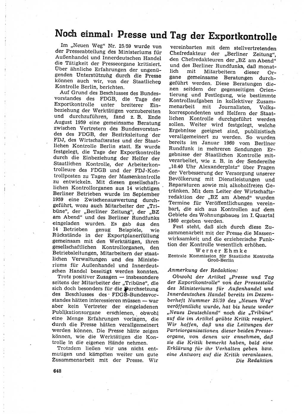 Neuer Weg (NW), Organ des Zentralkomitees (ZK) der SED (Sozialistische Einheitspartei Deutschlands) für Fragen des Parteilebens, 15. Jahrgang [Deutsche Demokratische Republik (DDR)] 1960, Seite 648 (NW ZK SED DDR 1960, S. 648)