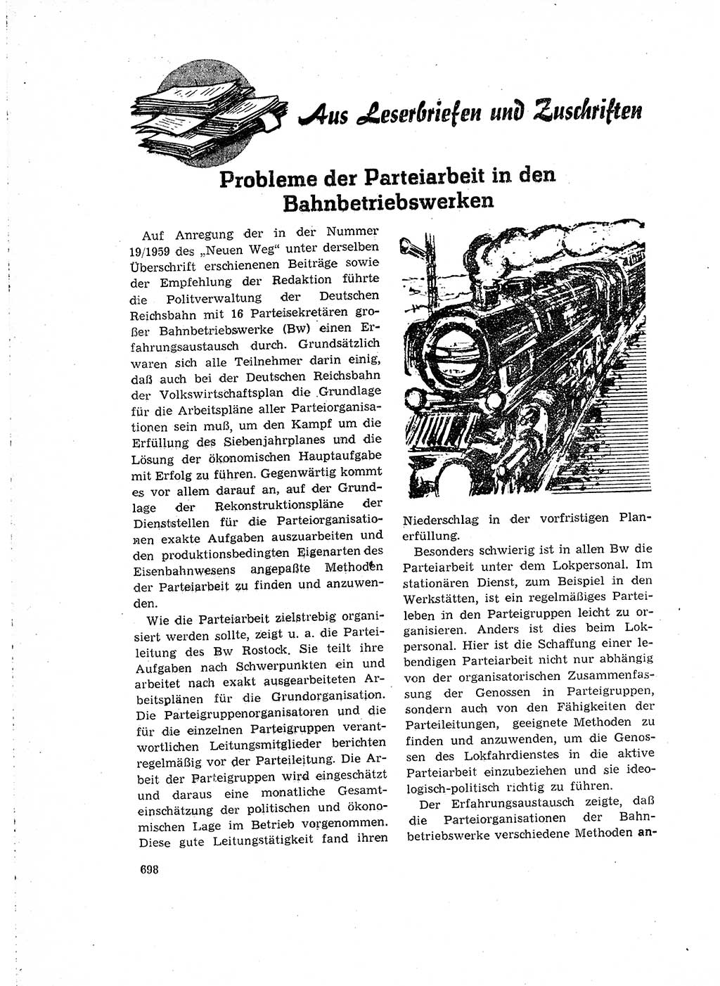 Neuer Weg (NW), Organ des Zentralkomitees (ZK) der SED (Sozialistische Einheitspartei Deutschlands) für Fragen des Parteilebens, 15. Jahrgang [Deutsche Demokratische Republik (DDR)] 1960, Seite 698 (NW ZK SED DDR 1960, S. 698)