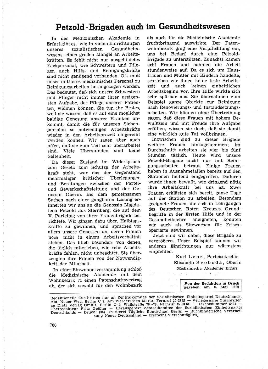 Neuer Weg (NW), Organ des Zentralkomitees (ZK) der SED (Sozialistische Einheitspartei Deutschlands) für Fragen des Parteilebens, 15. Jahrgang [Deutsche Demokratische Republik (DDR)] 1960, Seite 700 (NW ZK SED DDR 1960, S. 700)