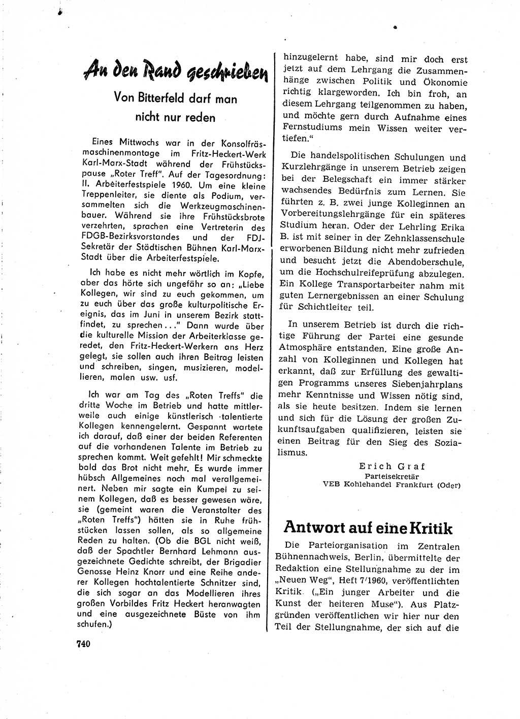 Neuer Weg (NW), Organ des Zentralkomitees (ZK) der SED (Sozialistische Einheitspartei Deutschlands) für Fragen des Parteilebens, 15. Jahrgang [Deutsche Demokratische Republik (DDR)] 1960, Seite 740 (NW ZK SED DDR 1960, S. 740)