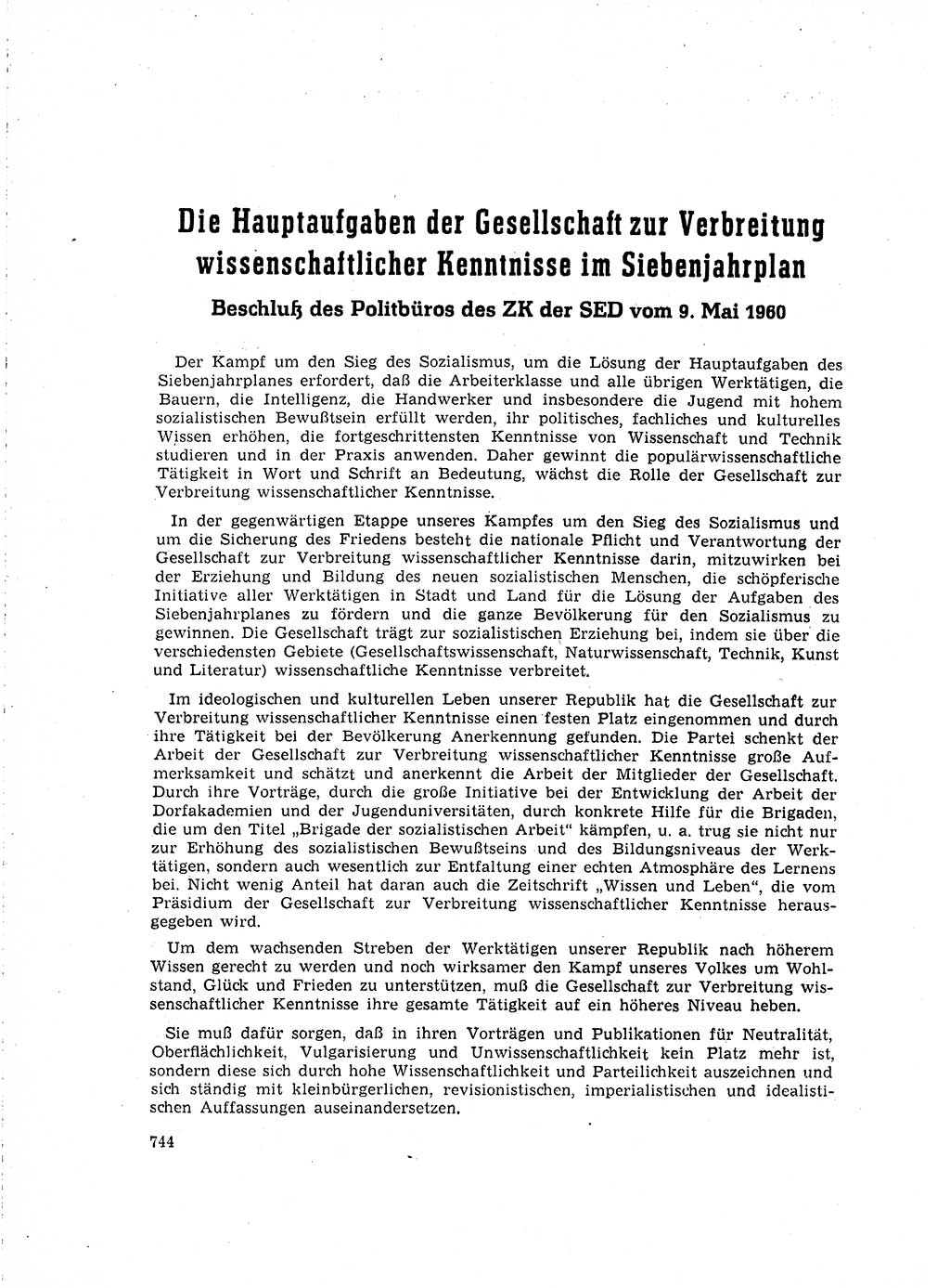 Neuer Weg (NW), Organ des Zentralkomitees (ZK) der SED (Sozialistische Einheitspartei Deutschlands) für Fragen des Parteilebens, 15. Jahrgang [Deutsche Demokratische Republik (DDR)] 1960, Seite 744 (NW ZK SED DDR 1960, S. 744)