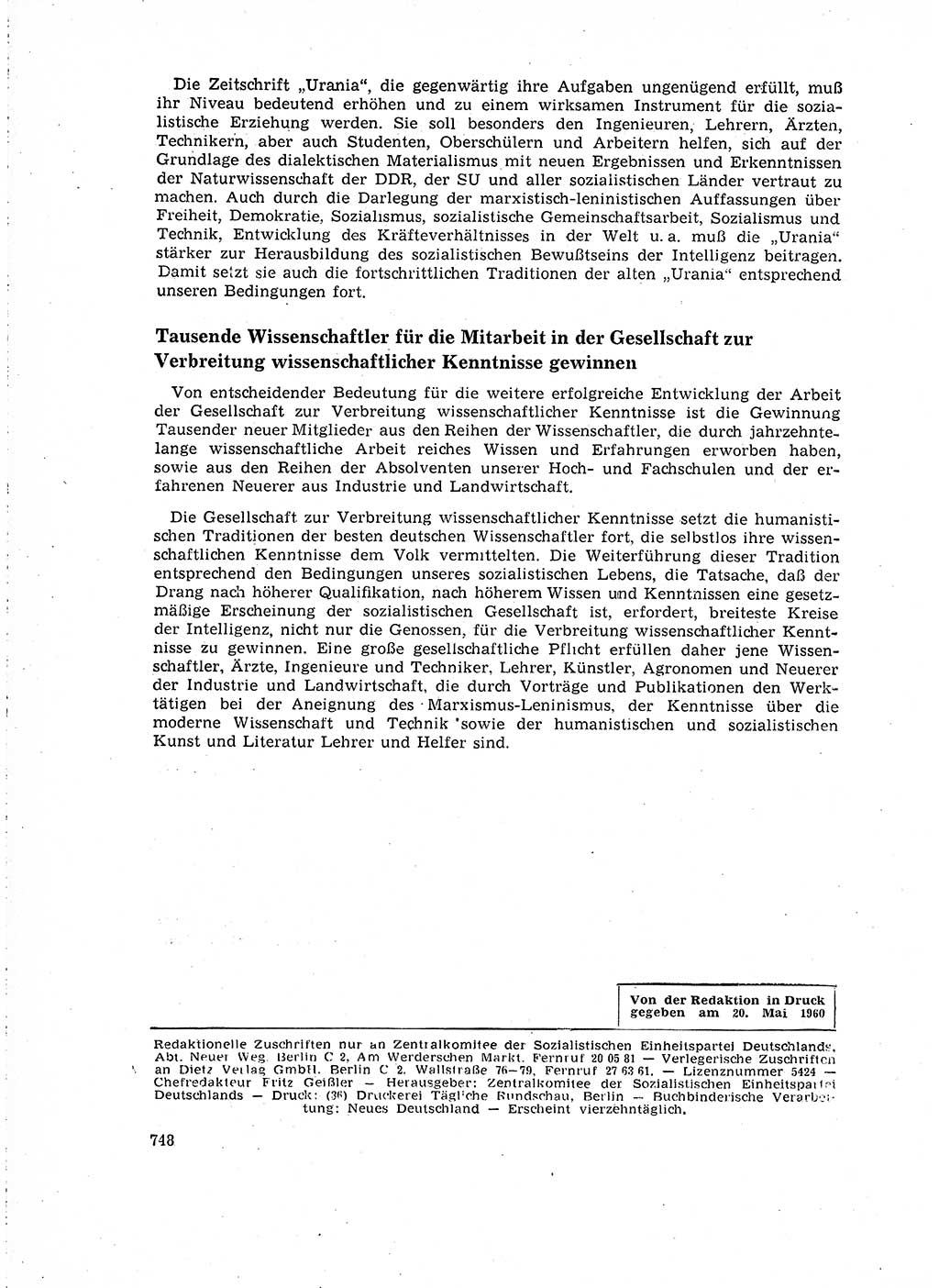 Neuer Weg (NW), Organ des Zentralkomitees (ZK) der SED (Sozialistische Einheitspartei Deutschlands) für Fragen des Parteilebens, 15. Jahrgang [Deutsche Demokratische Republik (DDR)] 1960, Seite 748 (NW ZK SED DDR 1960, S. 748)