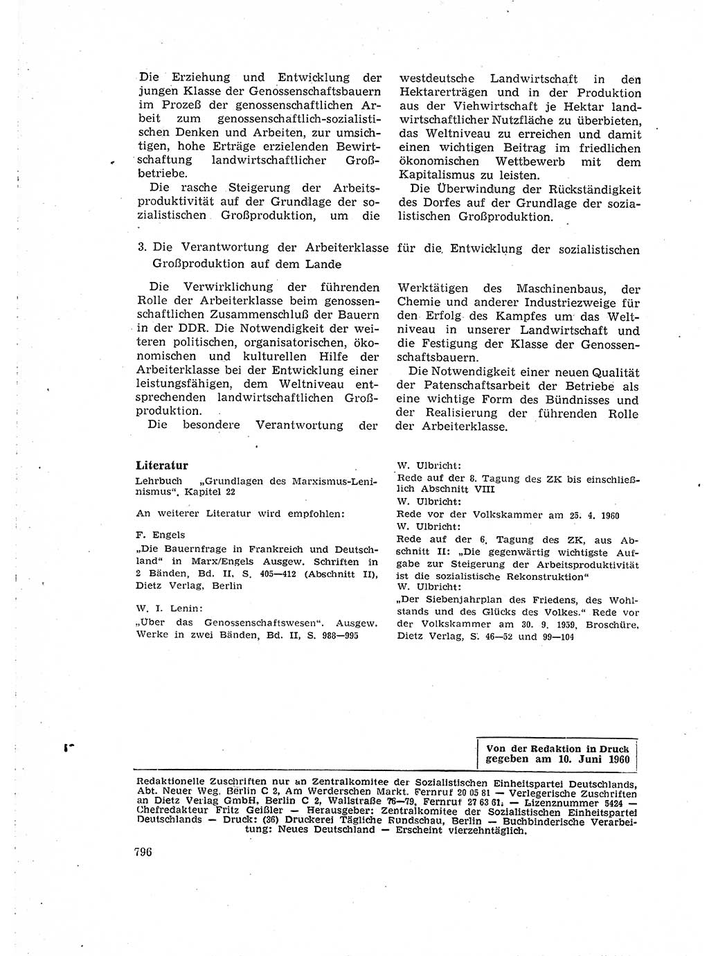 Neuer Weg (NW), Organ des Zentralkomitees (ZK) der SED (Sozialistische Einheitspartei Deutschlands) fÃ¼r Fragen des Parteilebens, 15. Jahrgang [Deutsche Demokratische Republik (DDR)] 1960, Seite 796 (NW ZK SED DDR 1960, S. 796)