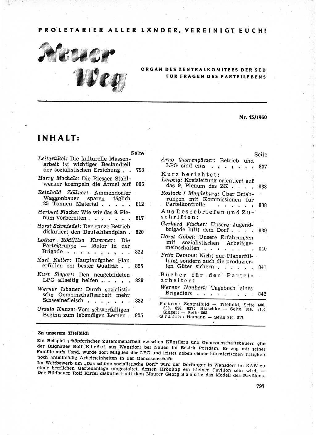 Neuer Weg (NW), Organ des Zentralkomitees (ZK) der SED (Sozialistische Einheitspartei Deutschlands) für Fragen des Parteilebens, 15. Jahrgang [Deutsche Demokratische Republik (DDR)] 1960, Seite 797 (NW ZK SED DDR 1960, S. 797)