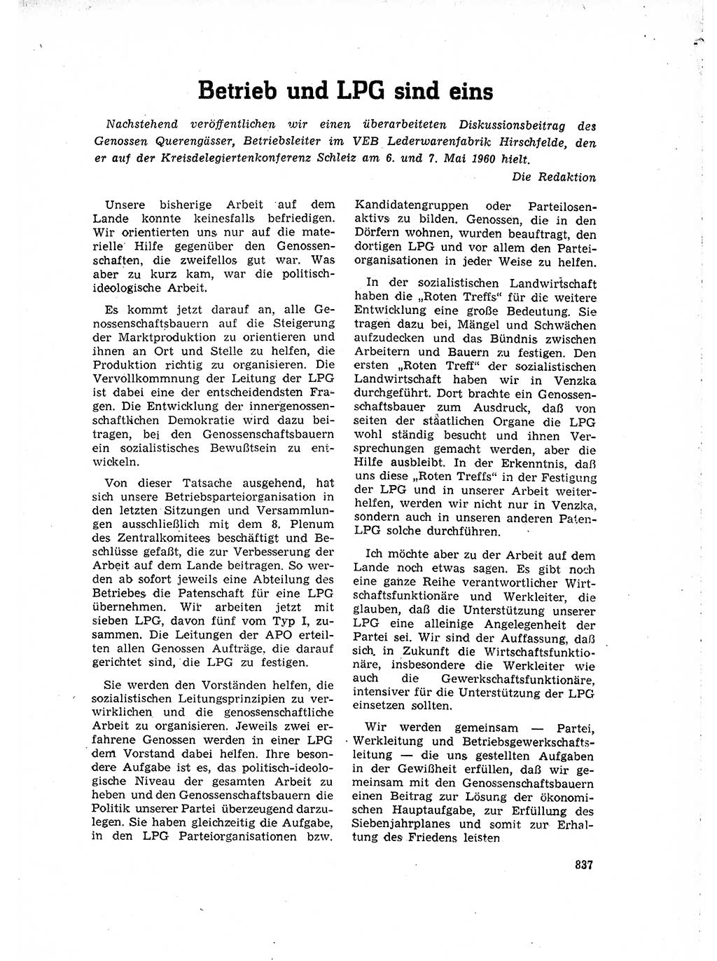 Neuer Weg (NW), Organ des Zentralkomitees (ZK) der SED (Sozialistische Einheitspartei Deutschlands) für Fragen des Parteilebens, 15. Jahrgang [Deutsche Demokratische Republik (DDR)] 1960, Seite 837 (NW ZK SED DDR 1960, S. 837)