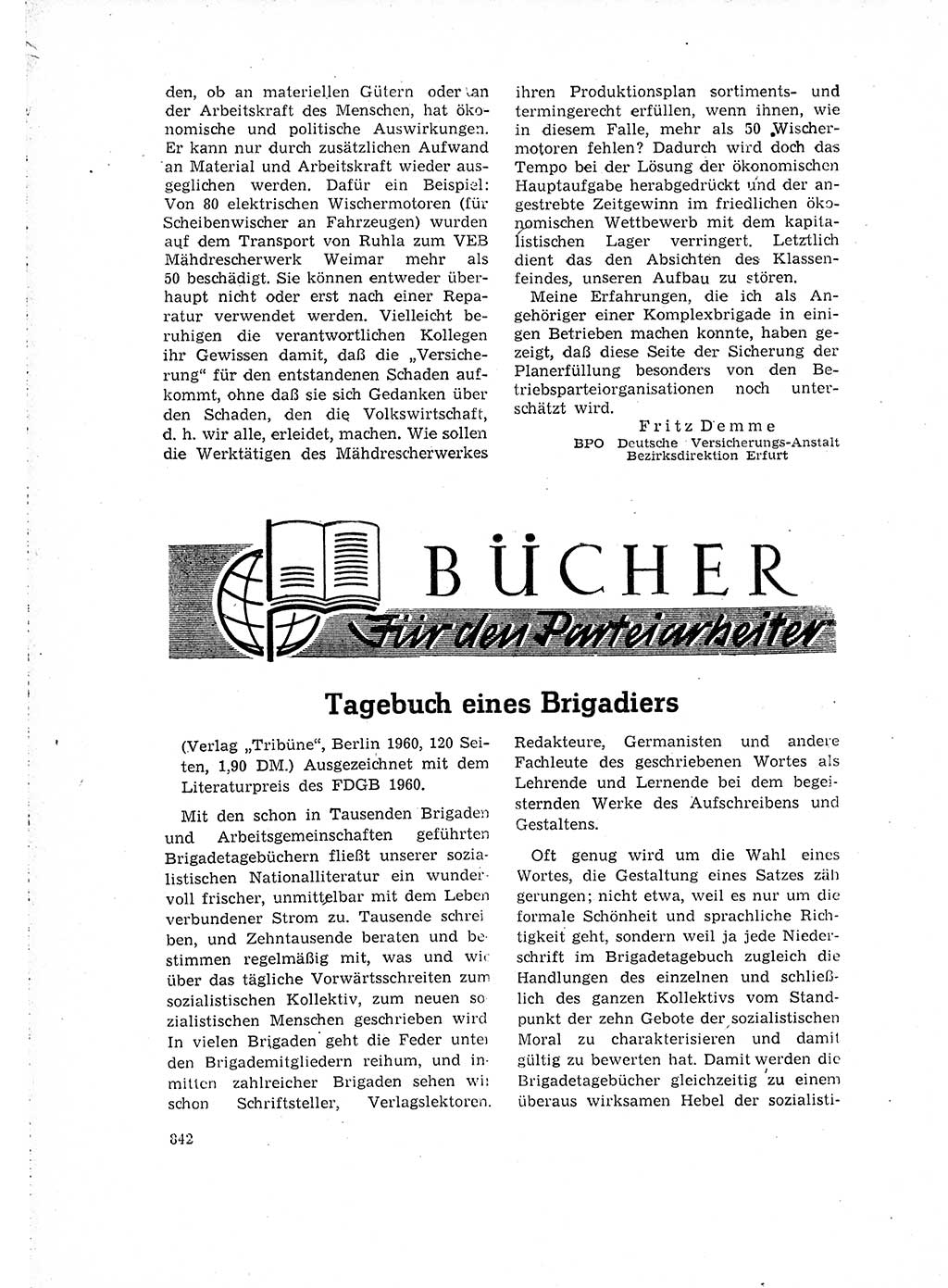 Neuer Weg (NW), Organ des Zentralkomitees (ZK) der SED (Sozialistische Einheitspartei Deutschlands) für Fragen des Parteilebens, 15. Jahrgang [Deutsche Demokratische Republik (DDR)] 1960, Seite 842 (NW ZK SED DDR 1960, S. 842)