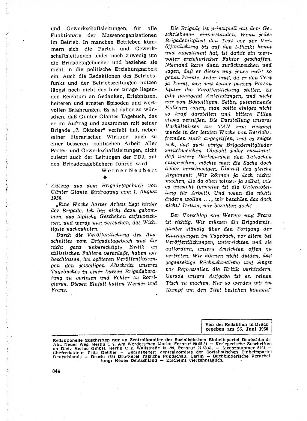 Neuer Weg (NW), Organ des Zentralkomitees (ZK) der SED (Sozialistische Einheitspartei Deutschlands) für Fragen des Parteilebens, 15. Jahrgang [Deutsche Demokratische Republik (DDR)] 1960, Seite 844 (NW ZK SED DDR 1960, S. 844)