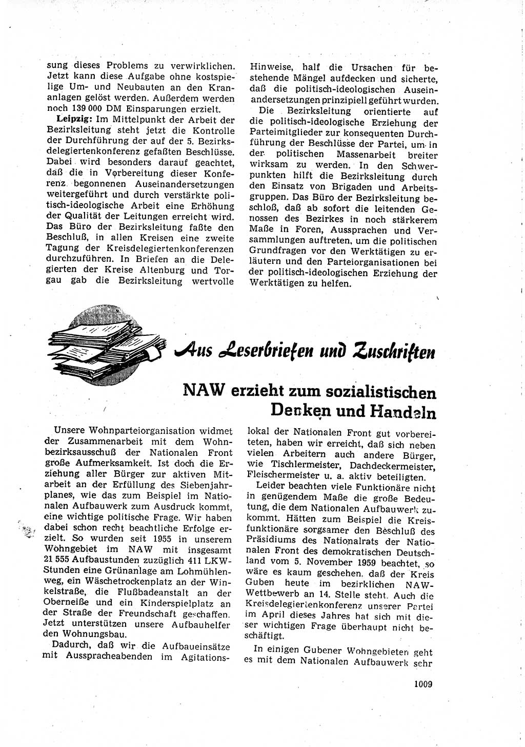 Neuer Weg (NW), Organ des Zentralkomitees (ZK) der SED (Sozialistische Einheitspartei Deutschlands) für Fragen des Parteilebens, 15. Jahrgang [Deutsche Demokratische Republik (DDR)] 1960, Seite 1009 (NW ZK SED DDR 1960, S. 1009)