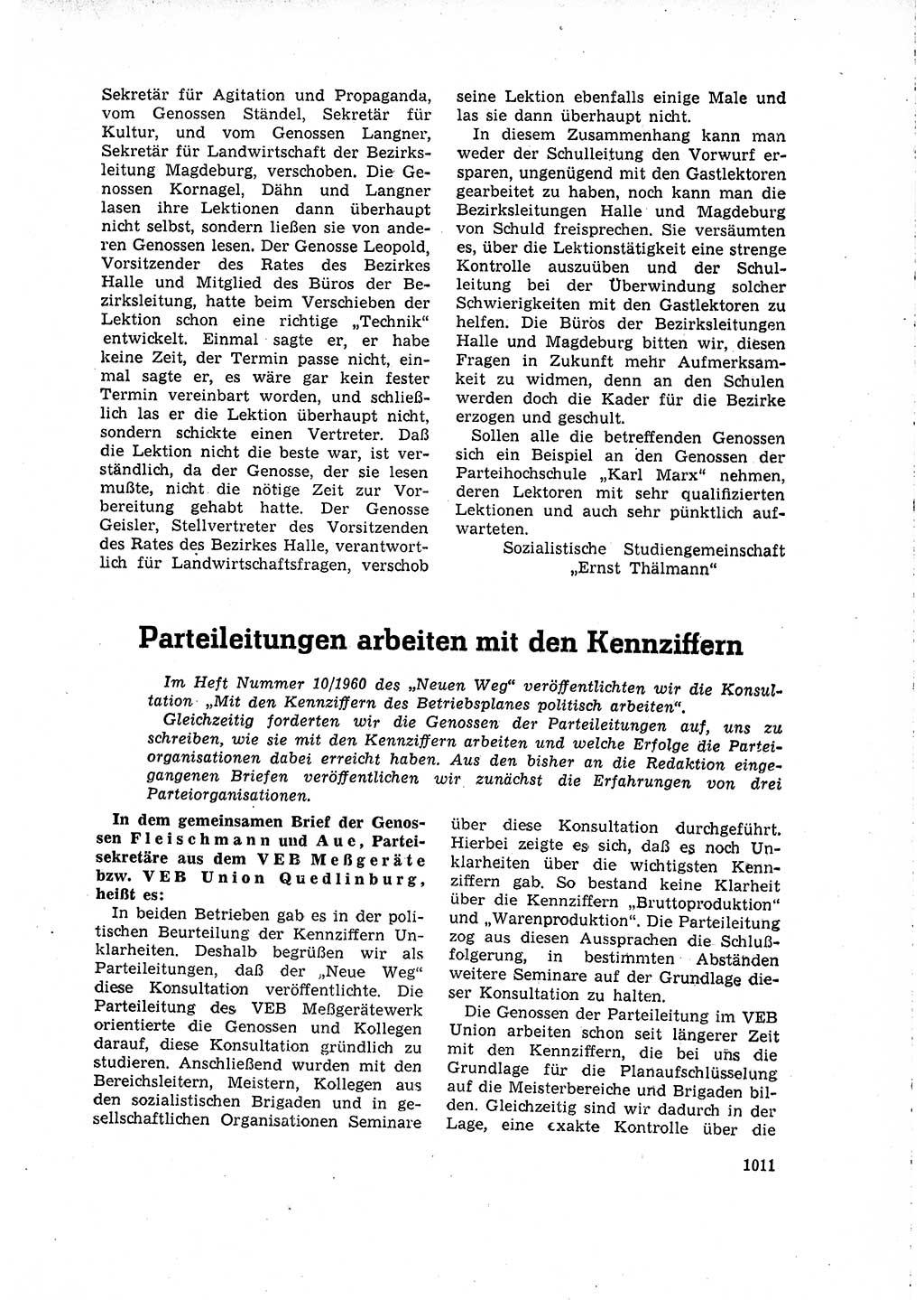 Neuer Weg (NW), Organ des Zentralkomitees (ZK) der SED (Sozialistische Einheitspartei Deutschlands) für Fragen des Parteilebens, 15. Jahrgang [Deutsche Demokratische Republik (DDR)] 1960, Seite 1011 (NW ZK SED DDR 1960, S. 1011)