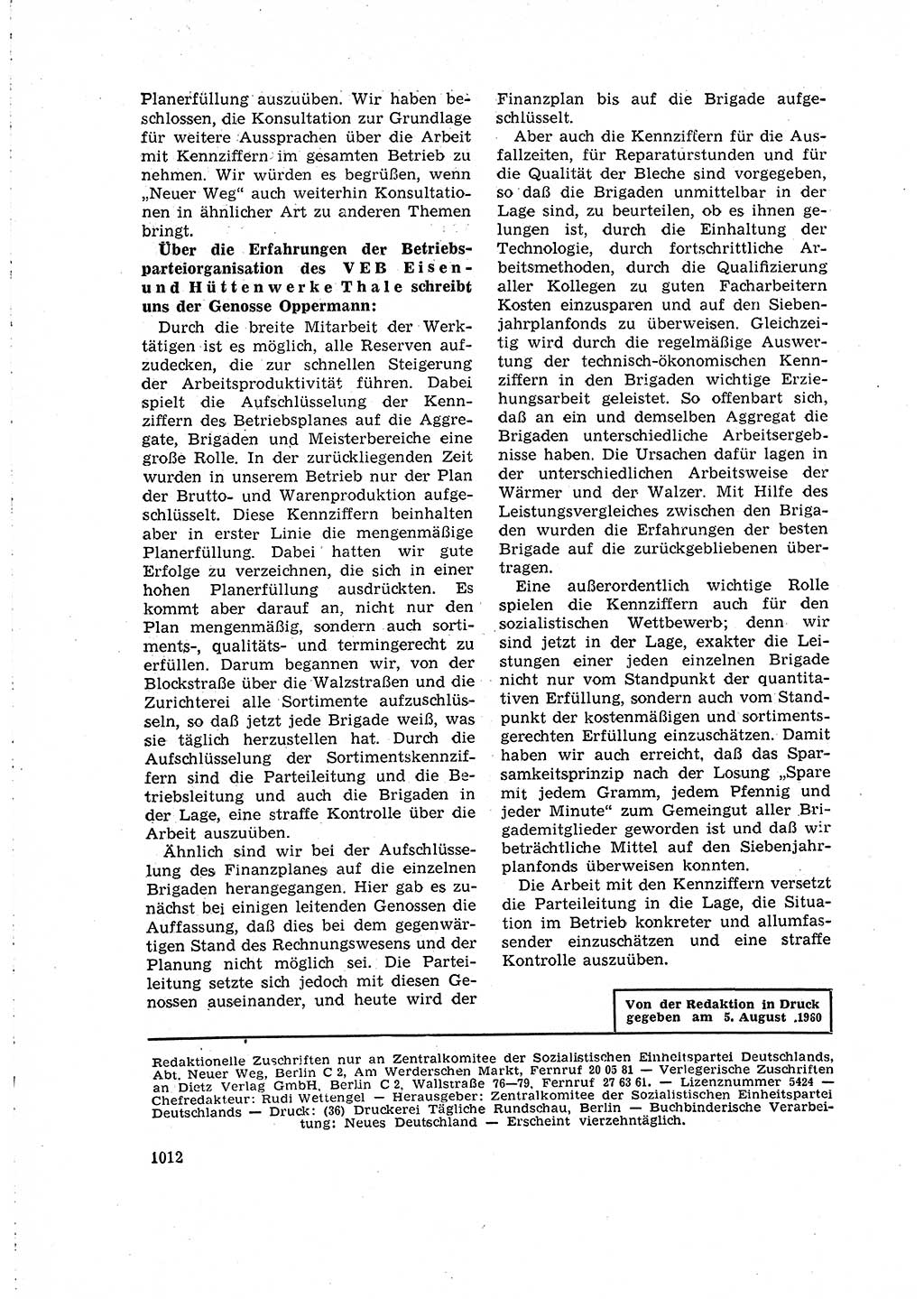 Neuer Weg (NW), Organ des Zentralkomitees (ZK) der SED (Sozialistische Einheitspartei Deutschlands) für Fragen des Parteilebens, 15. Jahrgang [Deutsche Demokratische Republik (DDR)] 1960, Seite 1012 (NW ZK SED DDR 1960, S. 1012)