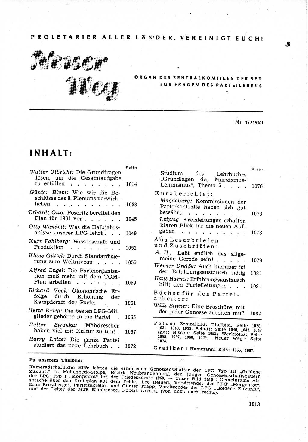 Neuer Weg (NW), Organ des Zentralkomitees (ZK) der SED (Sozialistische Einheitspartei Deutschlands) für Fragen des Parteilebens, 15. Jahrgang [Deutsche Demokratische Republik (DDR)] 1960, Seite 1013 (NW ZK SED DDR 1960, S. 1013)