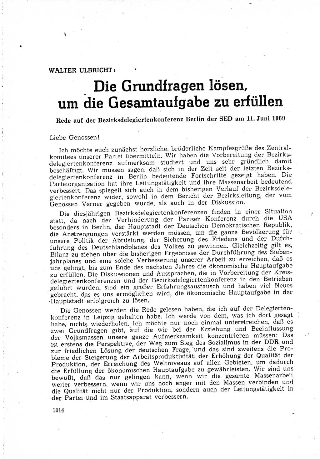 Neuer Weg (NW), Organ des Zentralkomitees (ZK) der SED (Sozialistische Einheitspartei Deutschlands) für Fragen des Parteilebens, 15. Jahrgang [Deutsche Demokratische Republik (DDR)] 1960, Seite 1014 (NW ZK SED DDR 1960, S. 1014)