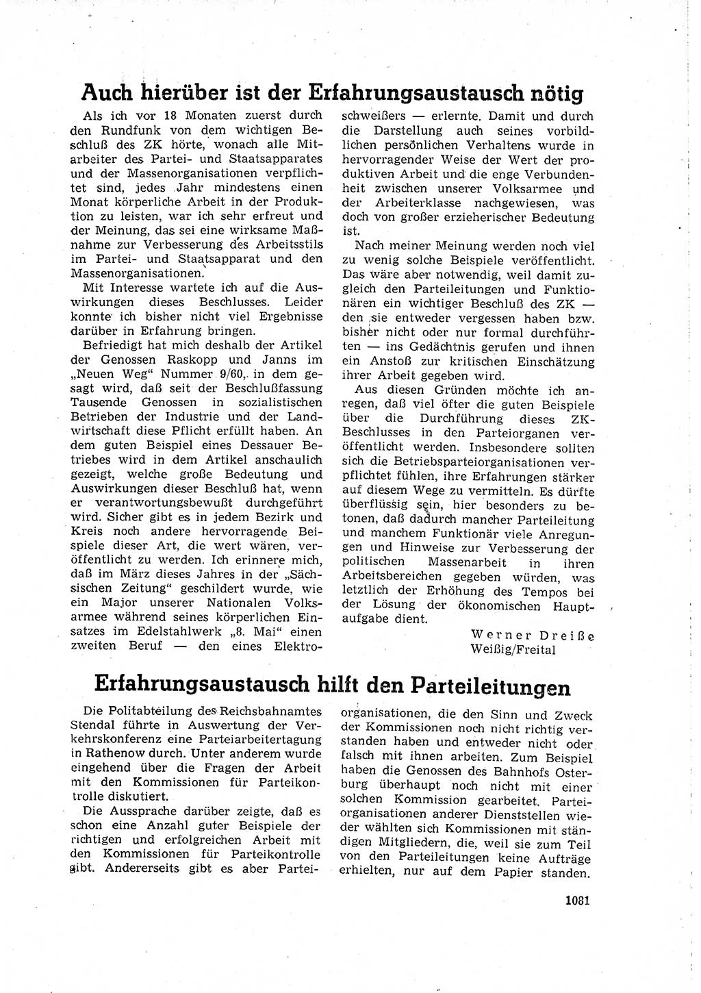 Neuer Weg (NW), Organ des Zentralkomitees (ZK) der SED (Sozialistische Einheitspartei Deutschlands) für Fragen des Parteilebens, 15. Jahrgang [Deutsche Demokratische Republik (DDR)] 1960, Seite 1081 (NW ZK SED DDR 1960, S. 1081)