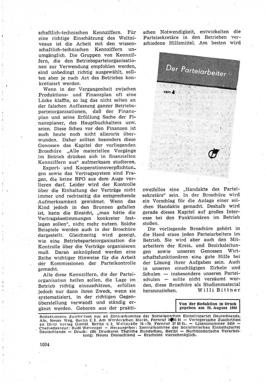 Neuer Weg (NW), Organ des Zentralkomitees (ZK) der SED (Sozialistische Einheitspartei Deutschlands) für Fragen des Parteilebens, 15. Jahrgang [Deutsche Demokratische Republik (DDR)] 1960, Seite 1084 (NW ZK SED DDR 1960, S. 1084)