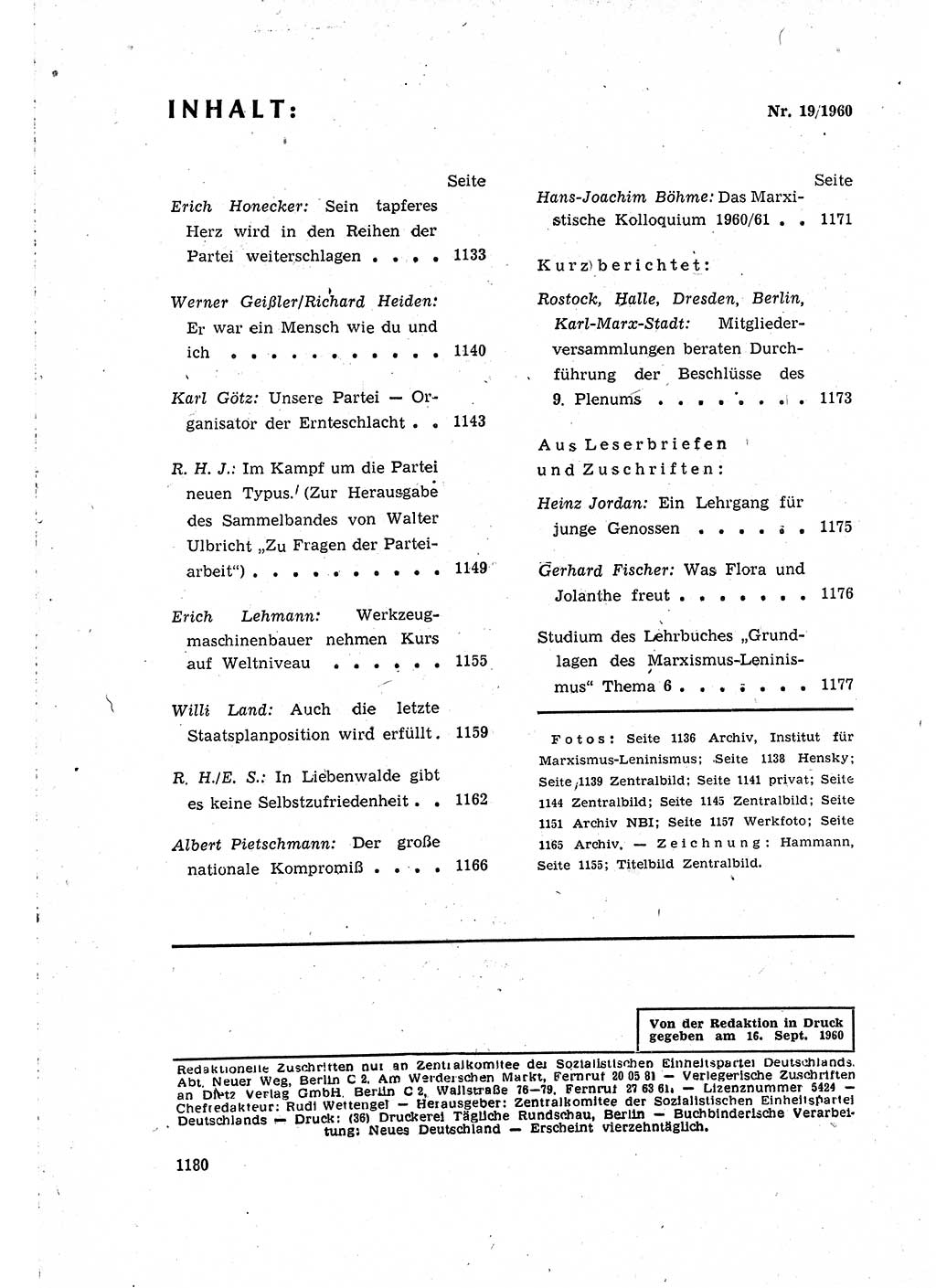 Neuer Weg (NW), Organ des Zentralkomitees (ZK) der SED (Sozialistische Einheitspartei Deutschlands) für Fragen des Parteilebens, 15. Jahrgang [Deutsche Demokratische Republik (DDR)] 1960, Seite 1180 (NW ZK SED DDR 1960, S. 1180)