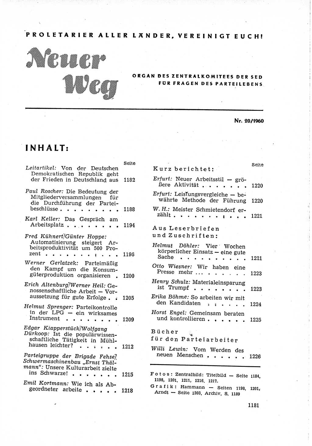 Neuer Weg (NW), Organ des Zentralkomitees (ZK) der SED (Sozialistische Einheitspartei Deutschlands) für Fragen des Parteilebens, 15. Jahrgang [Deutsche Demokratische Republik (DDR)] 1960, Seite 1181 (NW ZK SED DDR 1960, S. 1181)