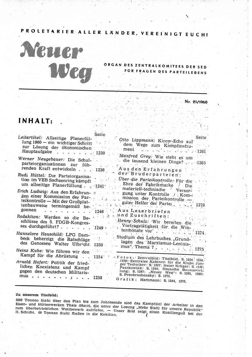 Neuer Weg (NW), Organ des Zentralkomitees (ZK) der SED (Sozialistische Einheitspartei Deutschlands) für Fragen des Parteilebens, 15. Jahrgang [Deutsche Demokratische Republik (DDR)] 1960, Seite 1229 (NW ZK SED DDR 1960, S. 1229)