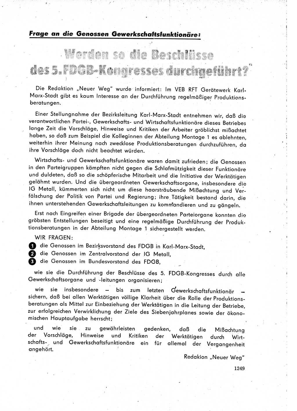 Neuer Weg (NW), Organ des Zentralkomitees (ZK) der SED (Sozialistische Einheitspartei Deutschlands) für Fragen des Parteilebens, 15. Jahrgang [Deutsche Demokratische Republik (DDR)] 1960, Seite 1249 (NW ZK SED DDR 1960, S. 1249)