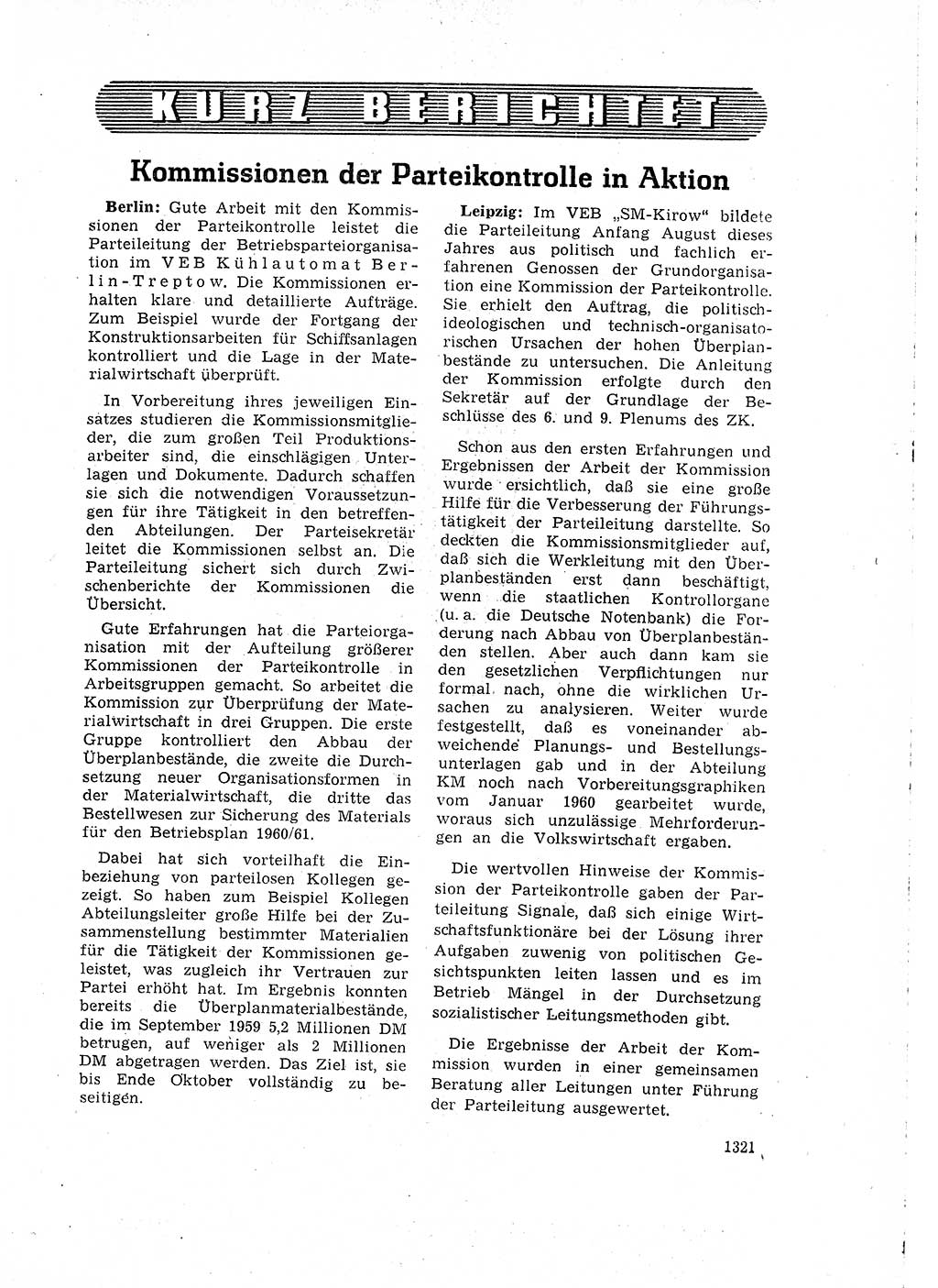 Neuer Weg (NW), Organ des Zentralkomitees (ZK) der SED (Sozialistische Einheitspartei Deutschlands) für Fragen des Parteilebens, 15. Jahrgang [Deutsche Demokratische Republik (DDR)] 1960, Seite 1321 (NW ZK SED DDR 1960, S. 1321)