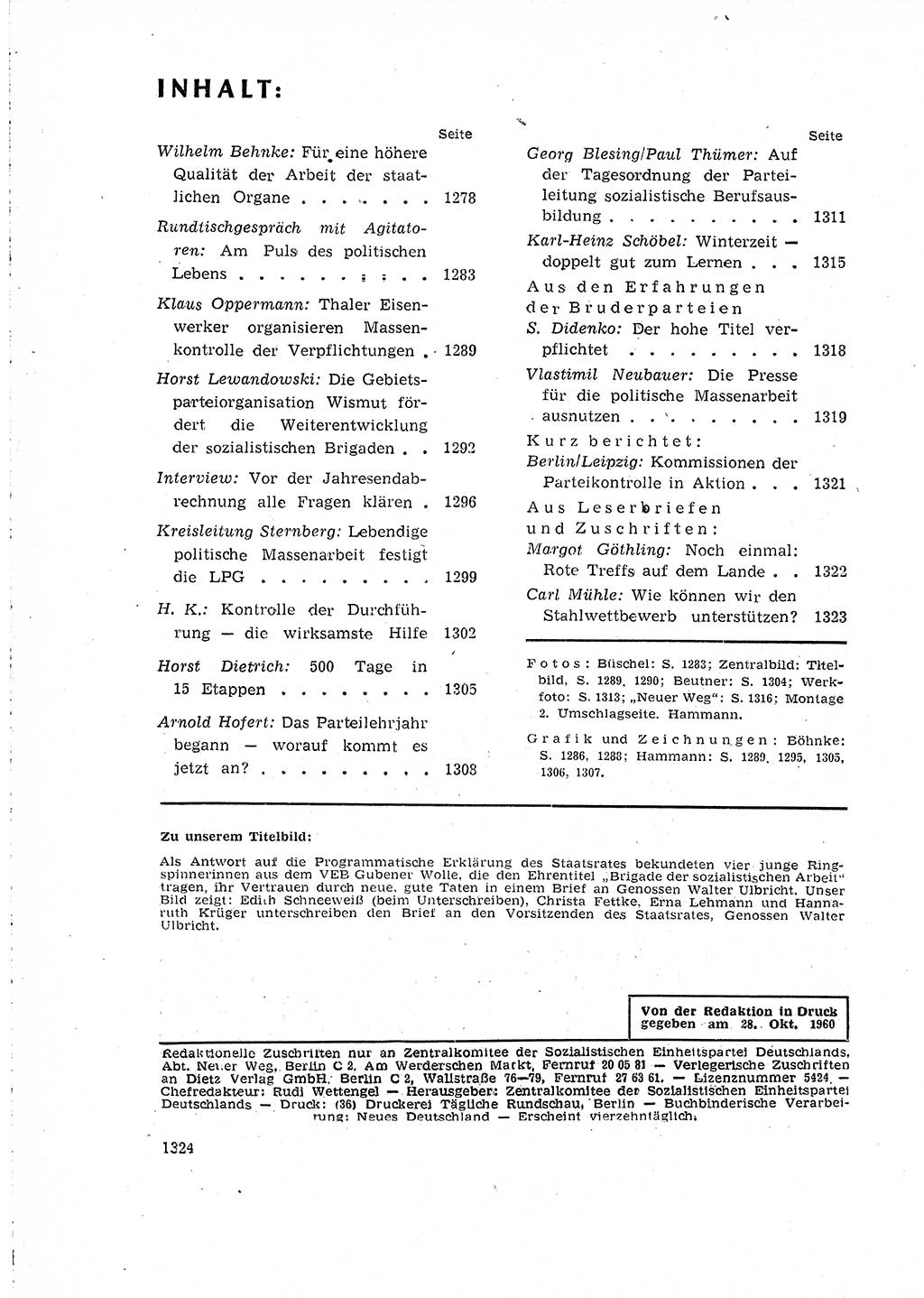 Neuer Weg (NW), Organ des Zentralkomitees (ZK) der SED (Sozialistische Einheitspartei Deutschlands) für Fragen des Parteilebens, 15. Jahrgang [Deutsche Demokratische Republik (DDR)] 1960, Seite 1324 (NW ZK SED DDR 1960, S. 1324)