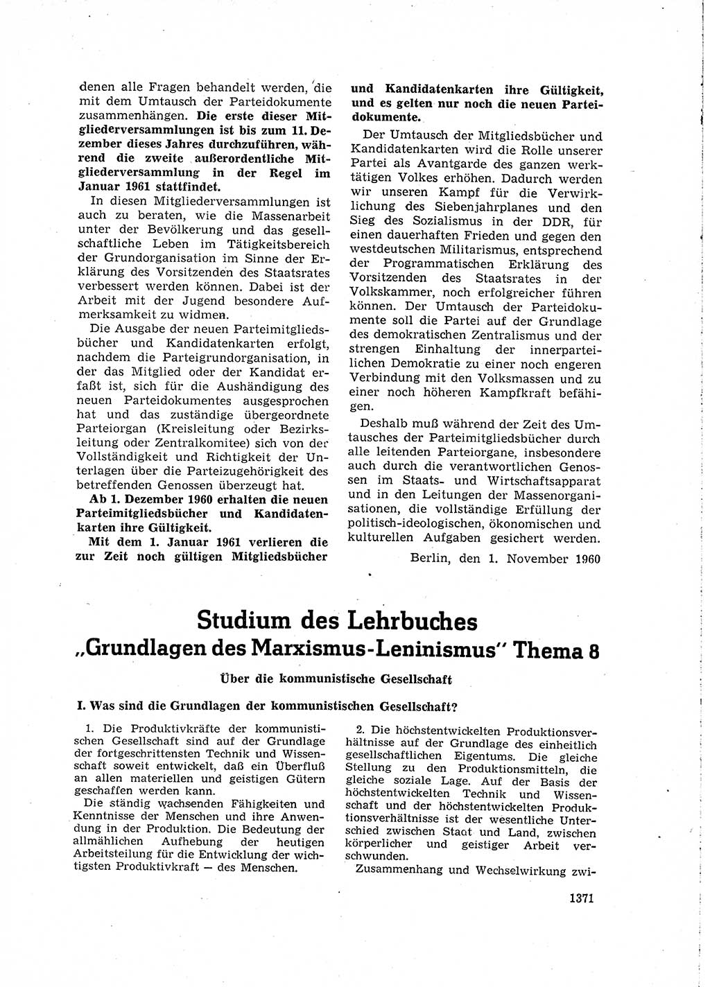 Neuer Weg (NW), Organ des Zentralkomitees (ZK) der SED (Sozialistische Einheitspartei Deutschlands) für Fragen des Parteilebens, 15. Jahrgang [Deutsche Demokratische Republik (DDR)] 1960, Seite 1371 (NW ZK SED DDR 1960, S. 1371)