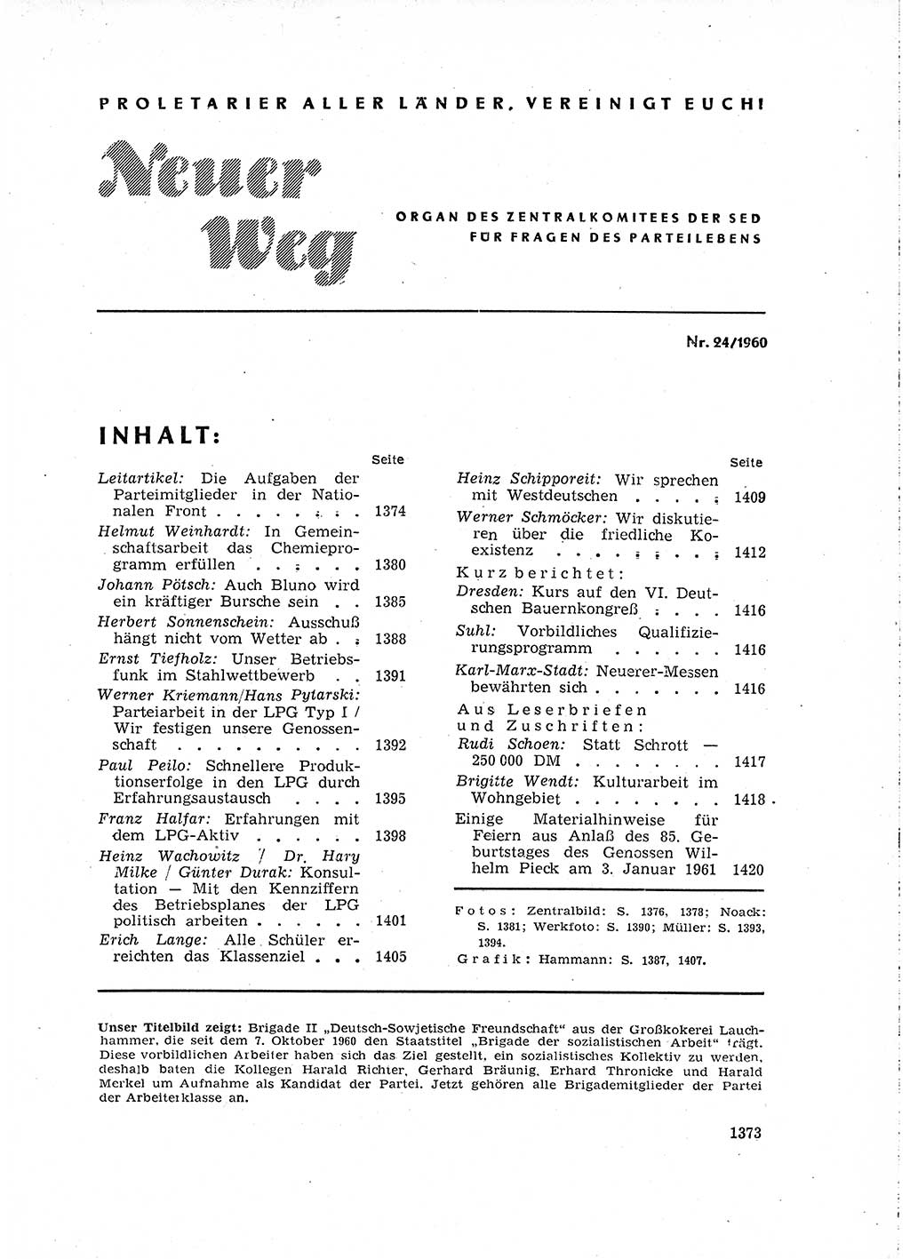 Neuer Weg (NW), Organ des Zentralkomitees (ZK) der SED (Sozialistische Einheitspartei Deutschlands) für Fragen des Parteilebens, 15. Jahrgang [Deutsche Demokratische Republik (DDR)] 1960, Seite 1373 (NW ZK SED DDR 1960, S. 1373)