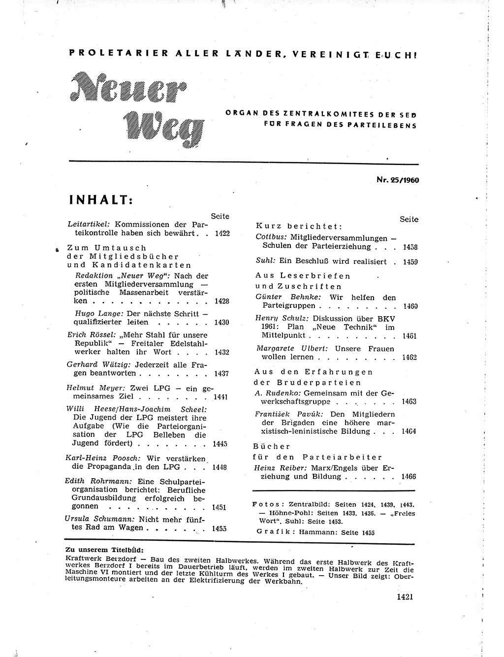 Neuer Weg (NW), Organ des Zentralkomitees (ZK) der SED (Sozialistische Einheitspartei Deutschlands) für Fragen des Parteilebens, 15. Jahrgang [Deutsche Demokratische Republik (DDR)] 1960, Seite 1421 (NW ZK SED DDR 1960, S. 1421)