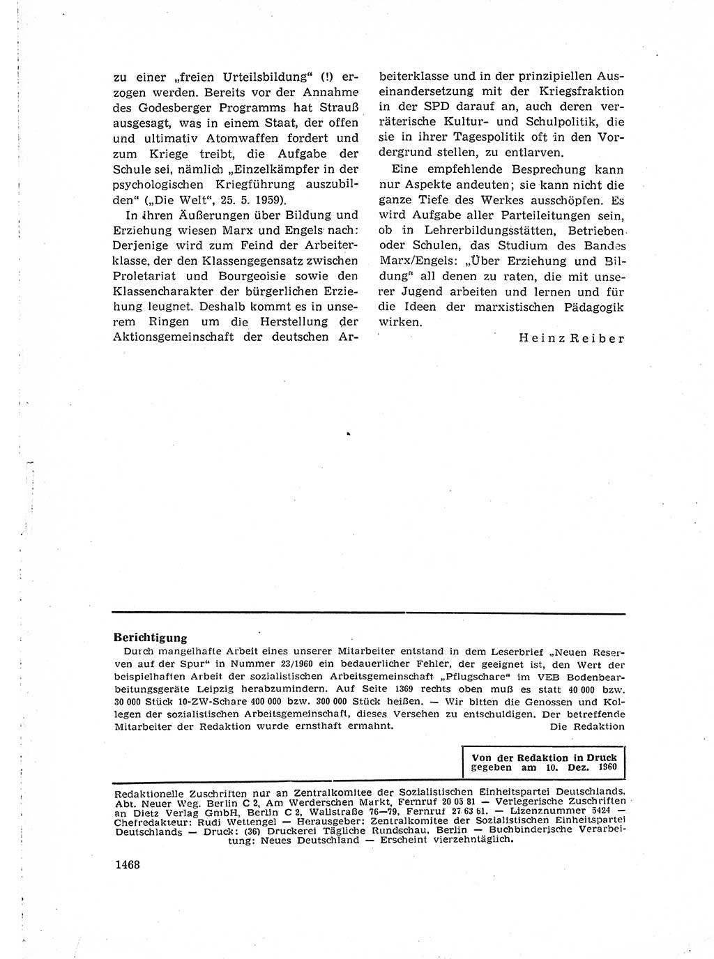 Neuer Weg (NW), Organ des Zentralkomitees (ZK) der SED (Sozialistische Einheitspartei Deutschlands) für Fragen des Parteilebens, 15. Jahrgang [Deutsche Demokratische Republik (DDR)] 1960, Seite 1468 (NW ZK SED DDR 1960, S. 1468)