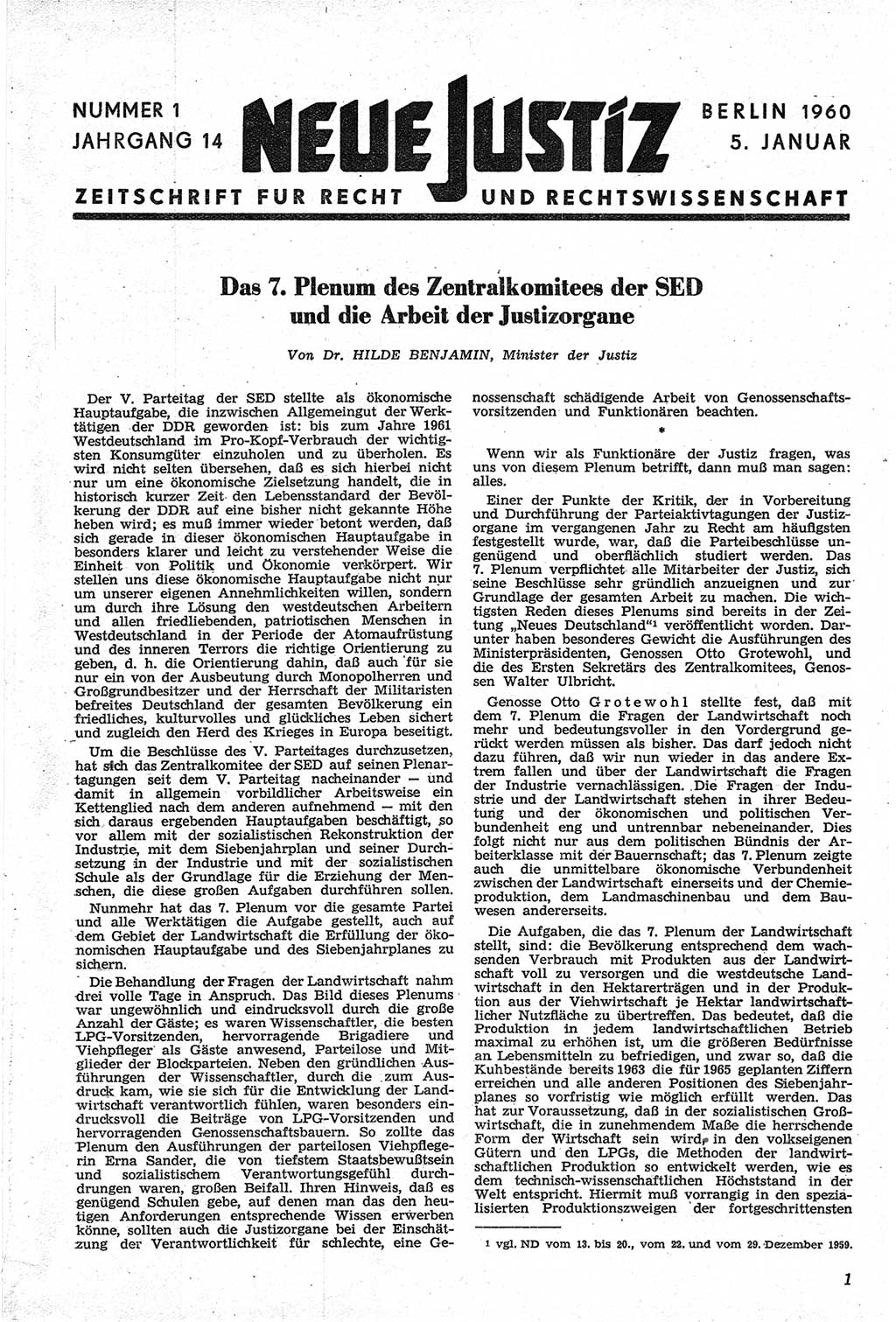 Neue Justiz (NJ), Zeitschrift für Recht und Rechtswissenschaft [Deutsche Demokratische Republik (DDR)], 14. Jahrgang 1960, Seite 1 (NJ DDR 1960, S. 1)