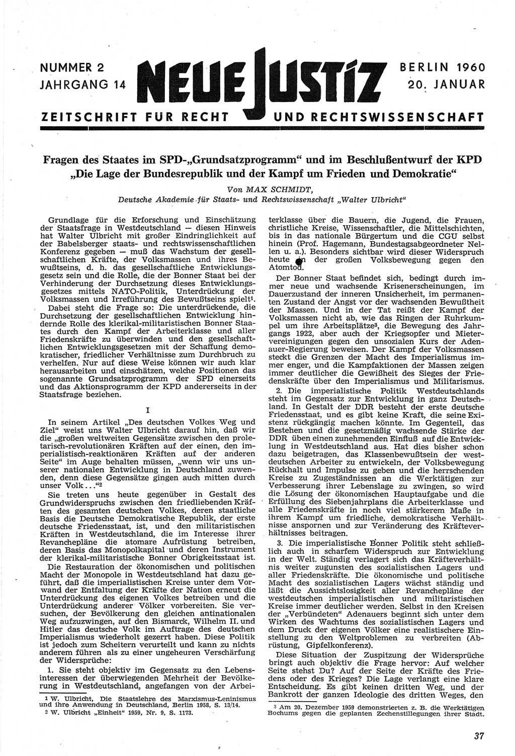 Neue Justiz (NJ), Zeitschrift für Recht und Rechtswissenschaft [Deutsche Demokratische Republik (DDR)], 14. Jahrgang 1960, Seite 37 (NJ DDR 1960, S. 37)