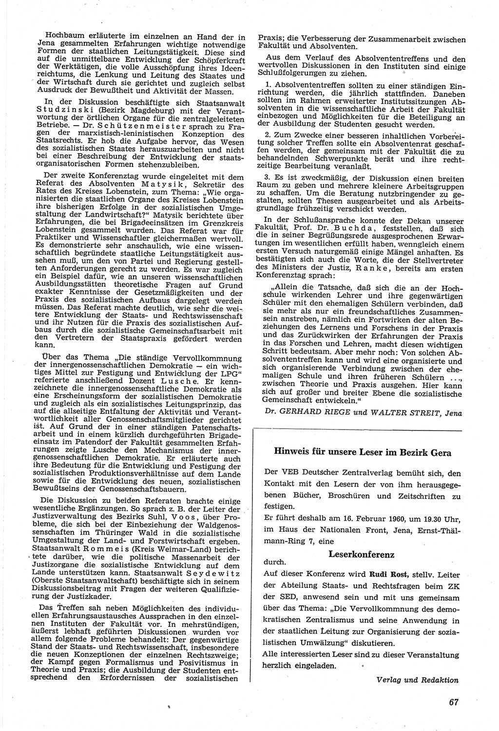 Neue Justiz (NJ), Zeitschrift für Recht und Rechtswissenschaft [Deutsche Demokratische Republik (DDR)], 14. Jahrgang 1960, Seite 67 (NJ DDR 1960, S. 67)