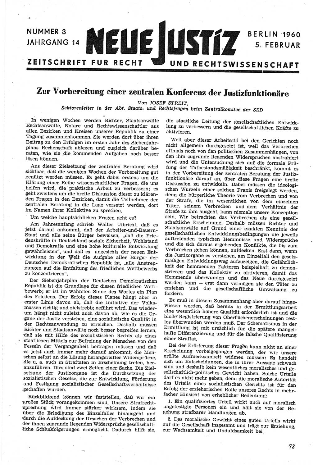 Neue Justiz (NJ), Zeitschrift für Recht und Rechtswissenschaft [Deutsche Demokratische Republik (DDR)], 14. Jahrgang 1960, Seite 73 (NJ DDR 1960, S. 73)