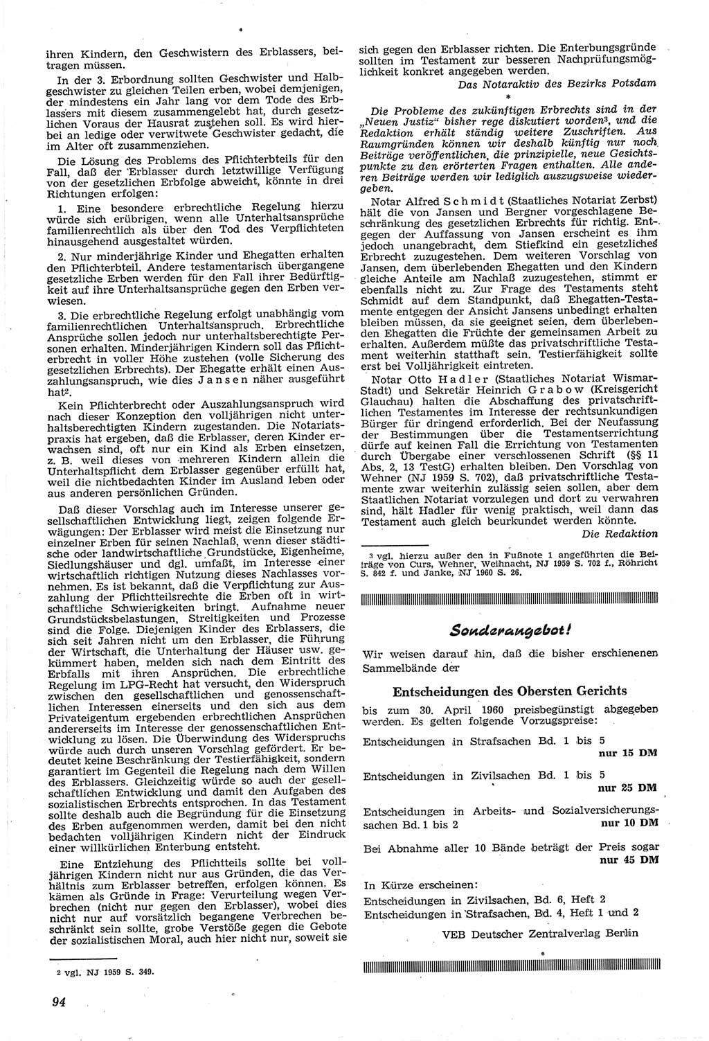 Neue Justiz (NJ), Zeitschrift für Recht und Rechtswissenschaft [Deutsche Demokratische Republik (DDR)], 14. Jahrgang 1960, Seite 94 (NJ DDR 1960, S. 94)