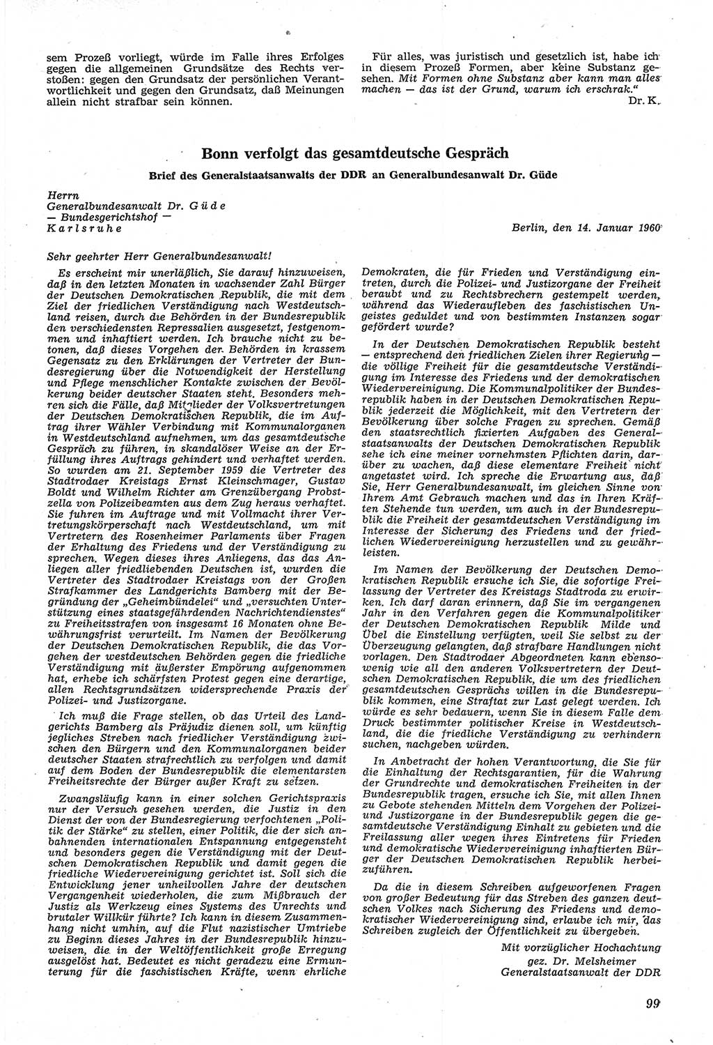 Neue Justiz (NJ), Zeitschrift für Recht und Rechtswissenschaft [Deutsche Demokratische Republik (DDR)], 14. Jahrgang 1960, Seite 99 (NJ DDR 1960, S. 99)