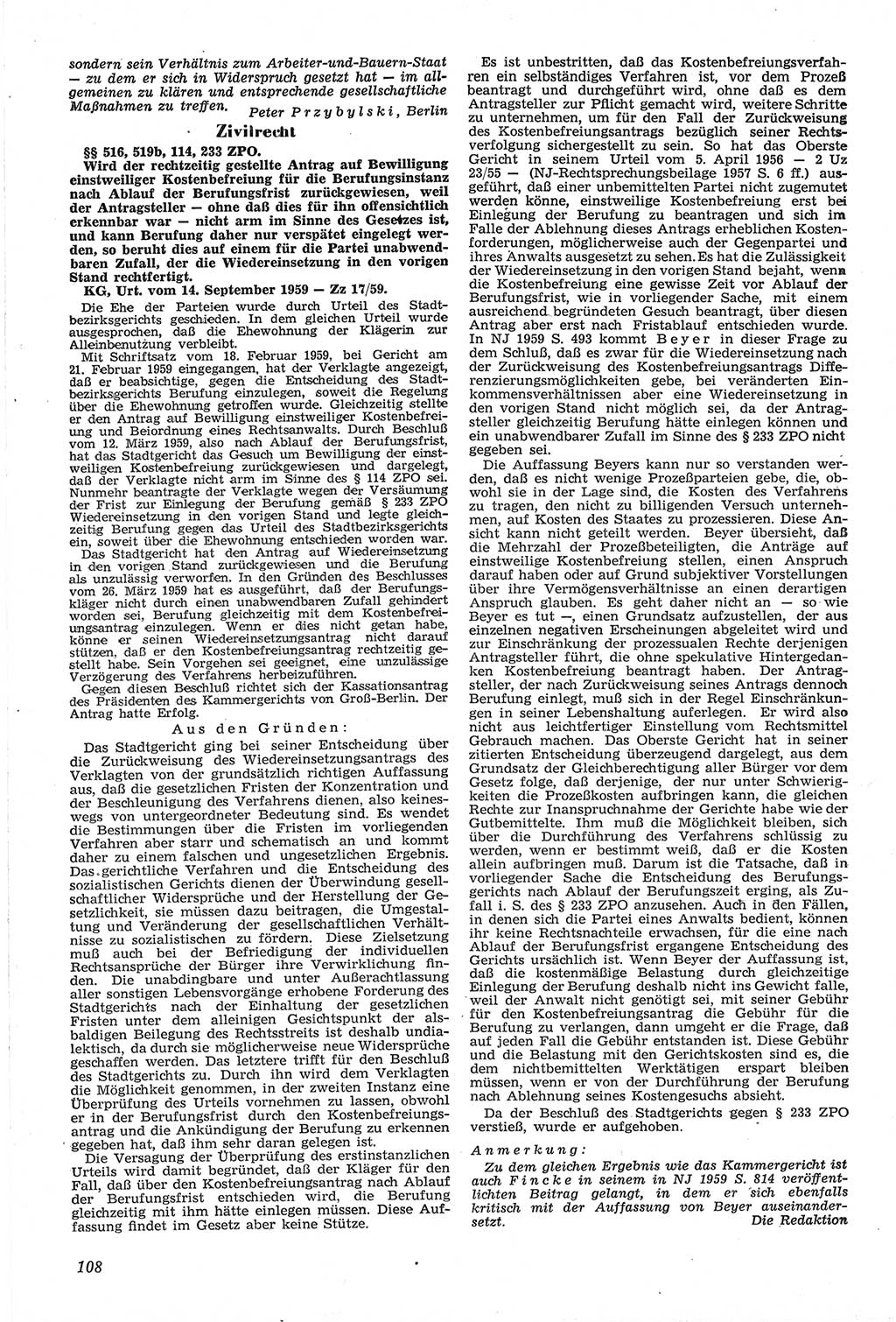 Neue Justiz (NJ), Zeitschrift für Recht und Rechtswissenschaft [Deutsche Demokratische Republik (DDR)], 14. Jahrgang 1960, Seite 108 (NJ DDR 1960, S. 108)