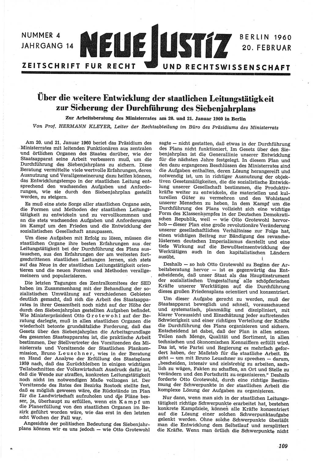 Neue Justiz (NJ), Zeitschrift für Recht und Rechtswissenschaft [Deutsche Demokratische Republik (DDR)], 14. Jahrgang 1960, Seite 109 (NJ DDR 1960, S. 109)