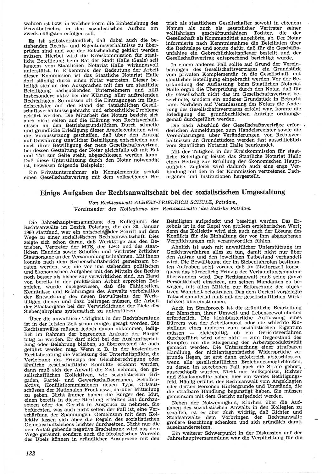 Neue Justiz (NJ), Zeitschrift für Recht und Rechtswissenschaft [Deutsche Demokratische Republik (DDR)], 14. Jahrgang 1960, Seite 122 (NJ DDR 1960, S. 122)