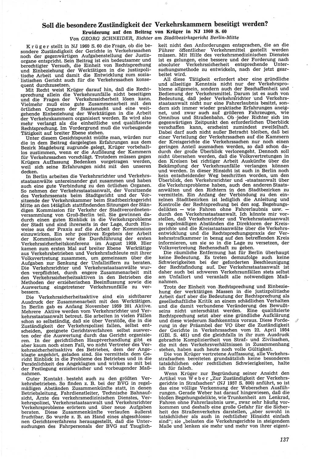 Neue Justiz (NJ), Zeitschrift für Recht und Rechtswissenschaft [Deutsche Demokratische Republik (DDR)], 14. Jahrgang 1960, Seite 137 (NJ DDR 1960, S. 137)