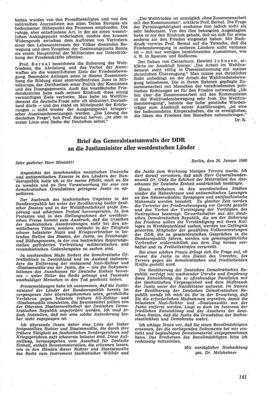 Neue Justiz (NJ), Zeitschrift für Recht und Rechtswissenschaft [Deutsche Demokratische Republik (DDR)], 14. Jahrgang 1960, Seite 141 (NJ DDR 1960, S. 141)