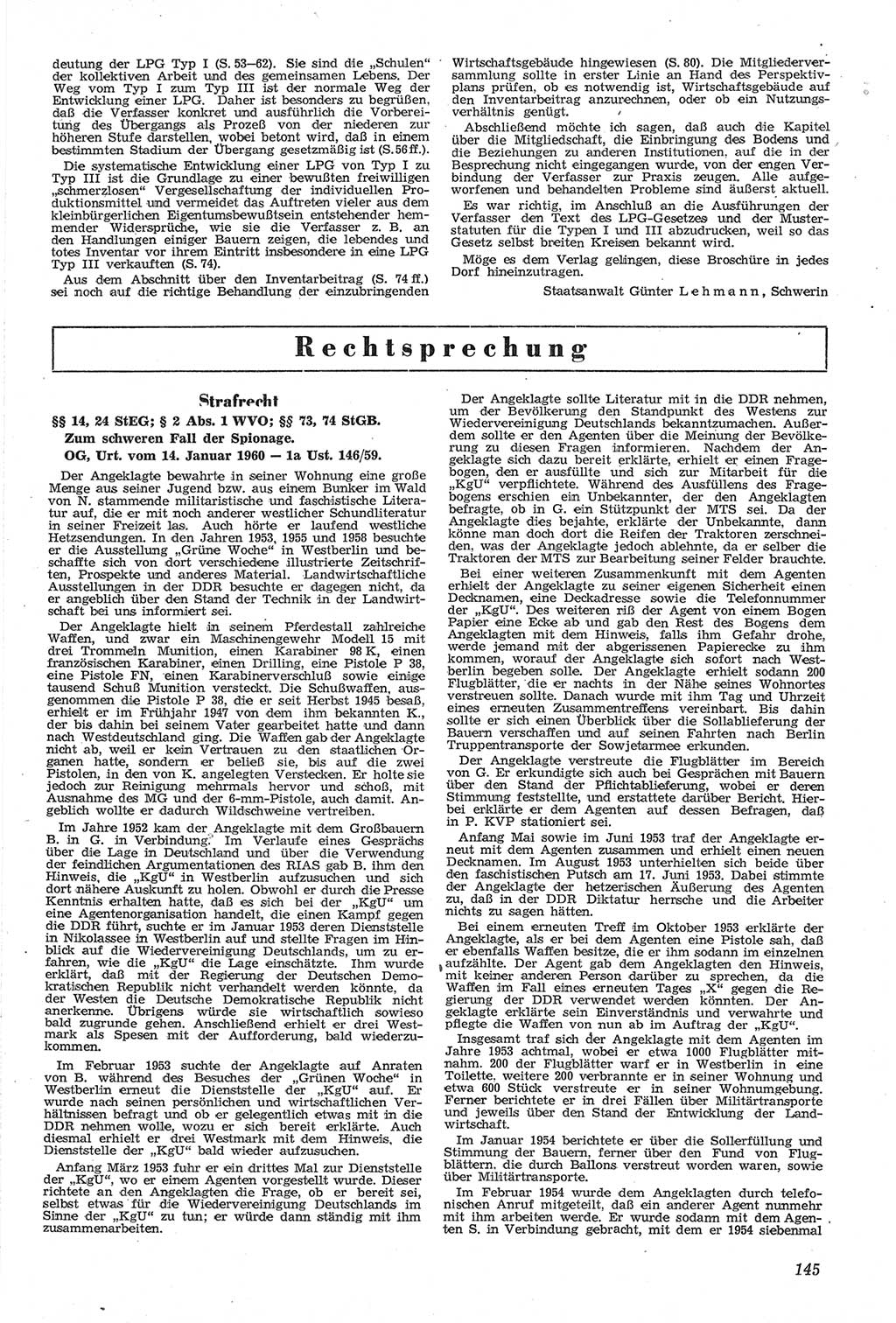 Neue Justiz (NJ), Zeitschrift für Recht und Rechtswissenschaft [Deutsche Demokratische Republik (DDR)], 14. Jahrgang 1960, Seite 145 (NJ DDR 1960, S. 145)