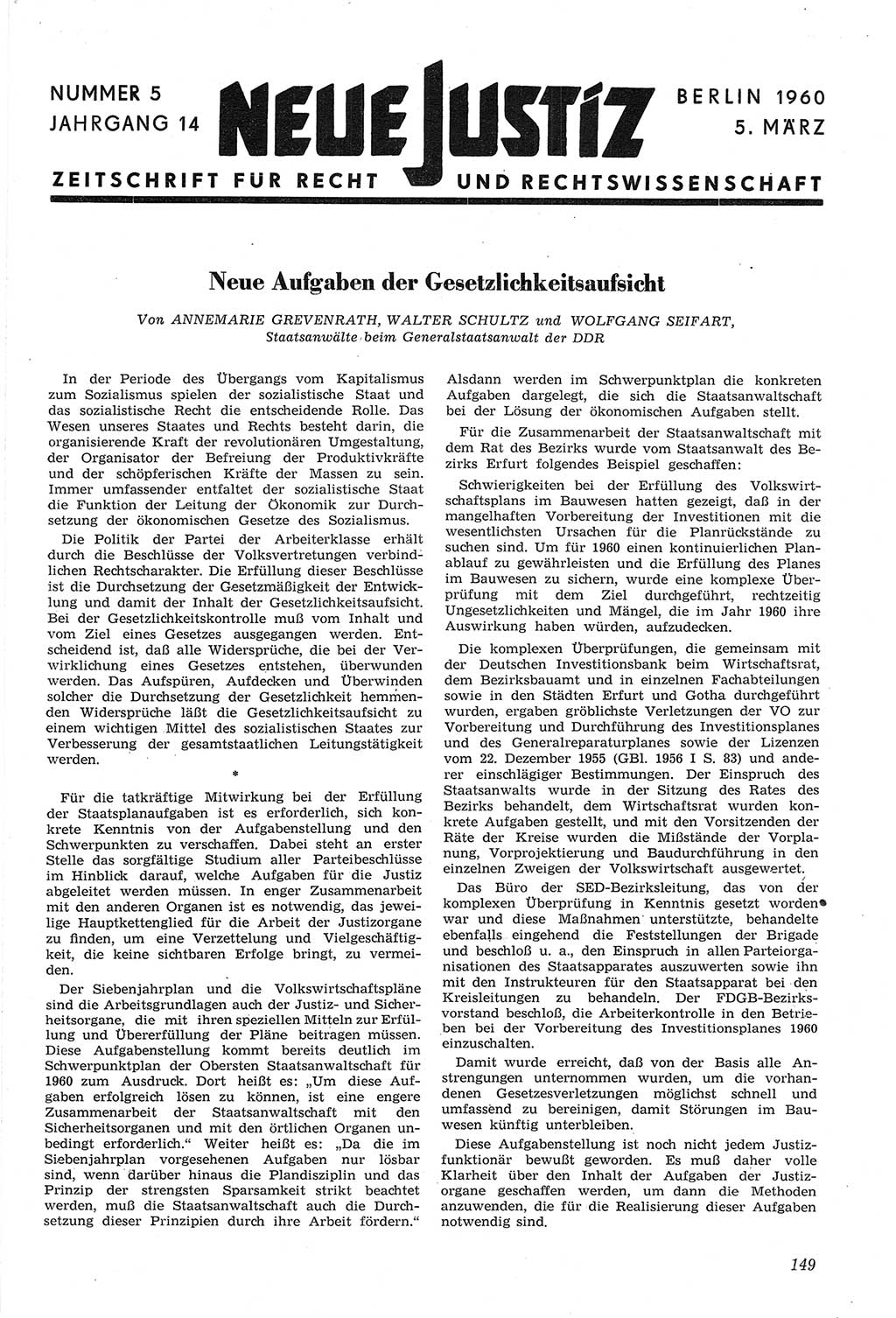 Neue Justiz (NJ), Zeitschrift für Recht und Rechtswissenschaft [Deutsche Demokratische Republik (DDR)], 14. Jahrgang 1960, Seite 149 (NJ DDR 1960, S. 149)