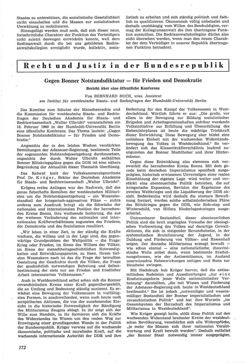 Neue Justiz (NJ), Zeitschrift für Recht und Rechtswissenschaft [Deutsche Demokratische Republik (DDR)], 14. Jahrgang 1960, Seite 172 (NJ DDR 1960, S. 172)