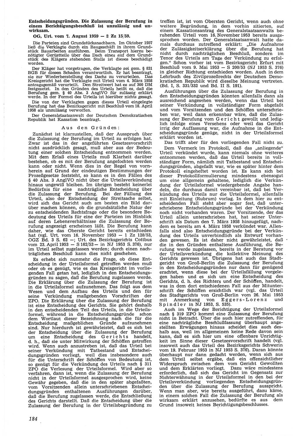 Neue Justiz (NJ), Zeitschrift für Recht und Rechtswissenschaft [Deutsche Demokratische Republik (DDR)], 14. Jahrgang 1960, Seite 184 (NJ DDR 1960, S. 184)