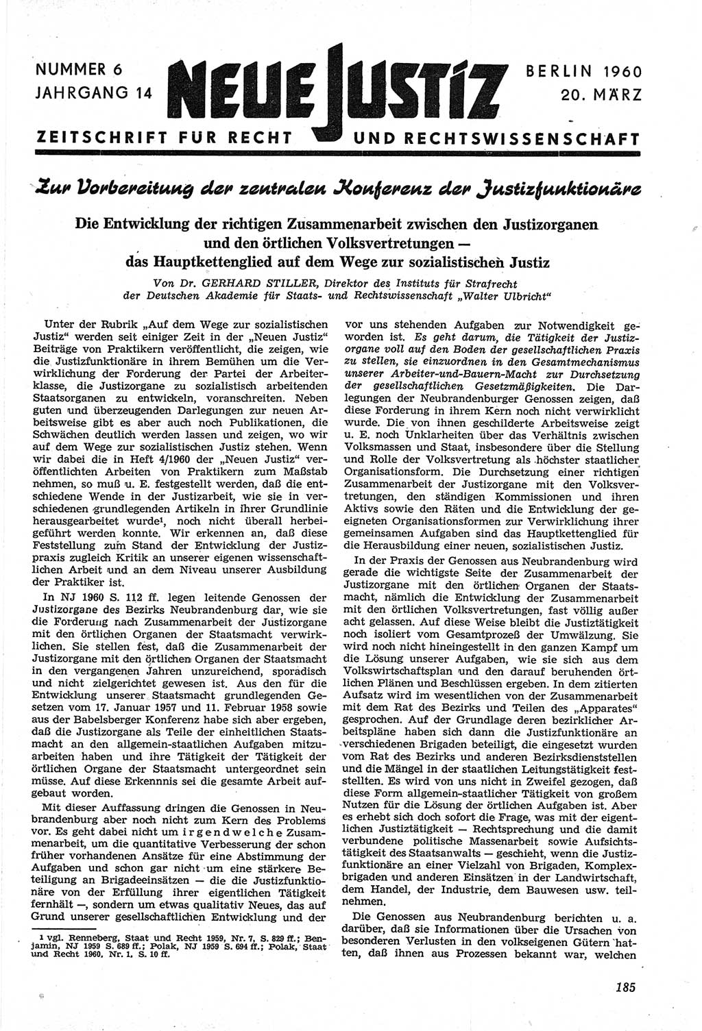 Neue Justiz (NJ), Zeitschrift für Recht und Rechtswissenschaft [Deutsche Demokratische Republik (DDR)], 14. Jahrgang 1960, Seite 185 (NJ DDR 1960, S. 185)