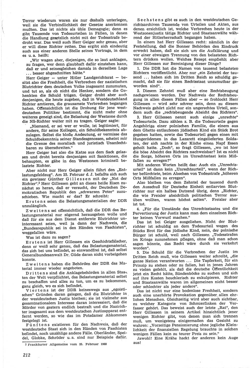 Neue Justiz (NJ), Zeitschrift für Recht und Rechtswissenschaft [Deutsche Demokratische Republik (DDR)], 14. Jahrgang 1960, Seite 212 (NJ DDR 1960, S. 212)
