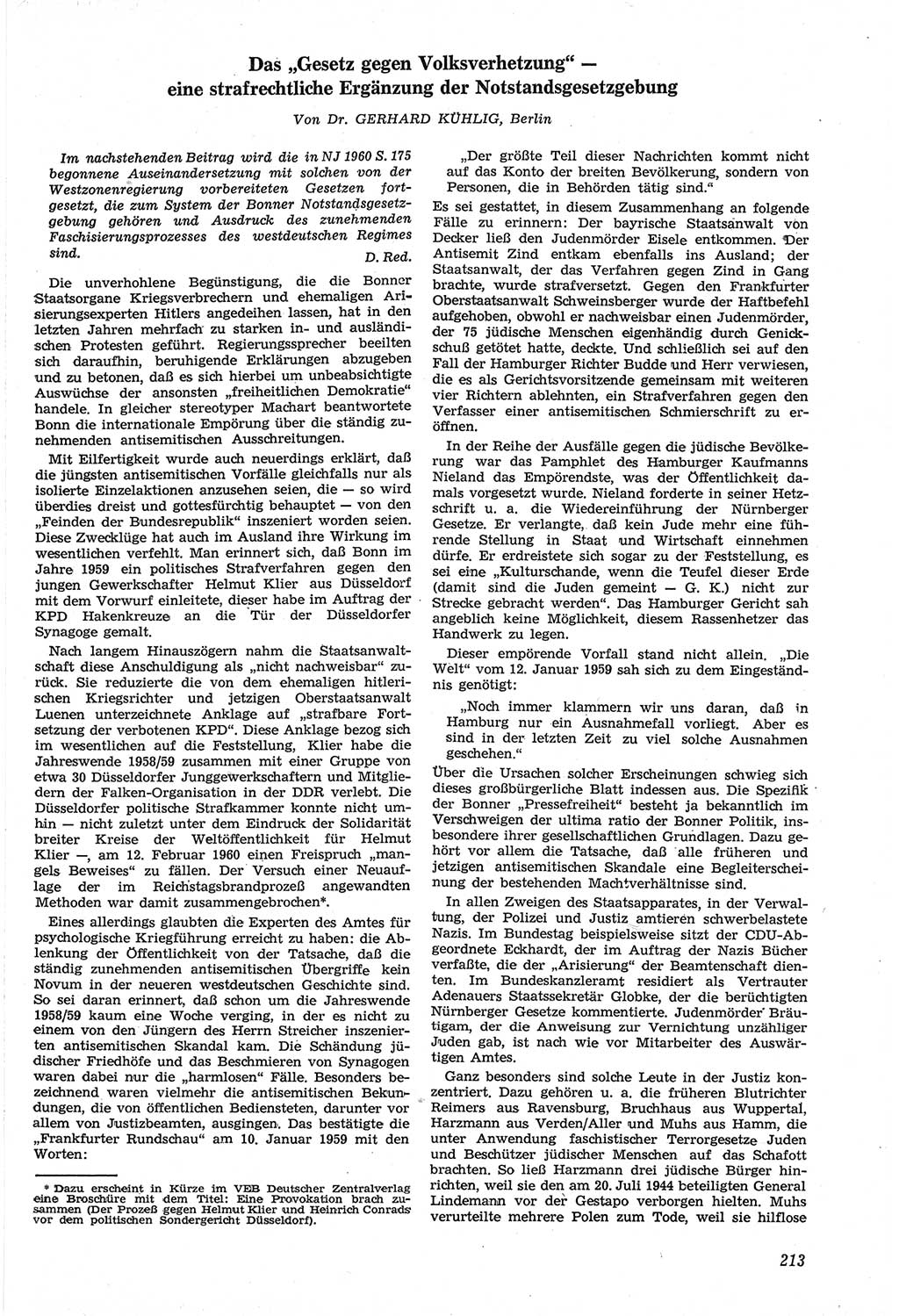 Neue Justiz (NJ), Zeitschrift für Recht und Rechtswissenschaft [Deutsche Demokratische Republik (DDR)], 14. Jahrgang 1960, Seite 213 (NJ DDR 1960, S. 213)