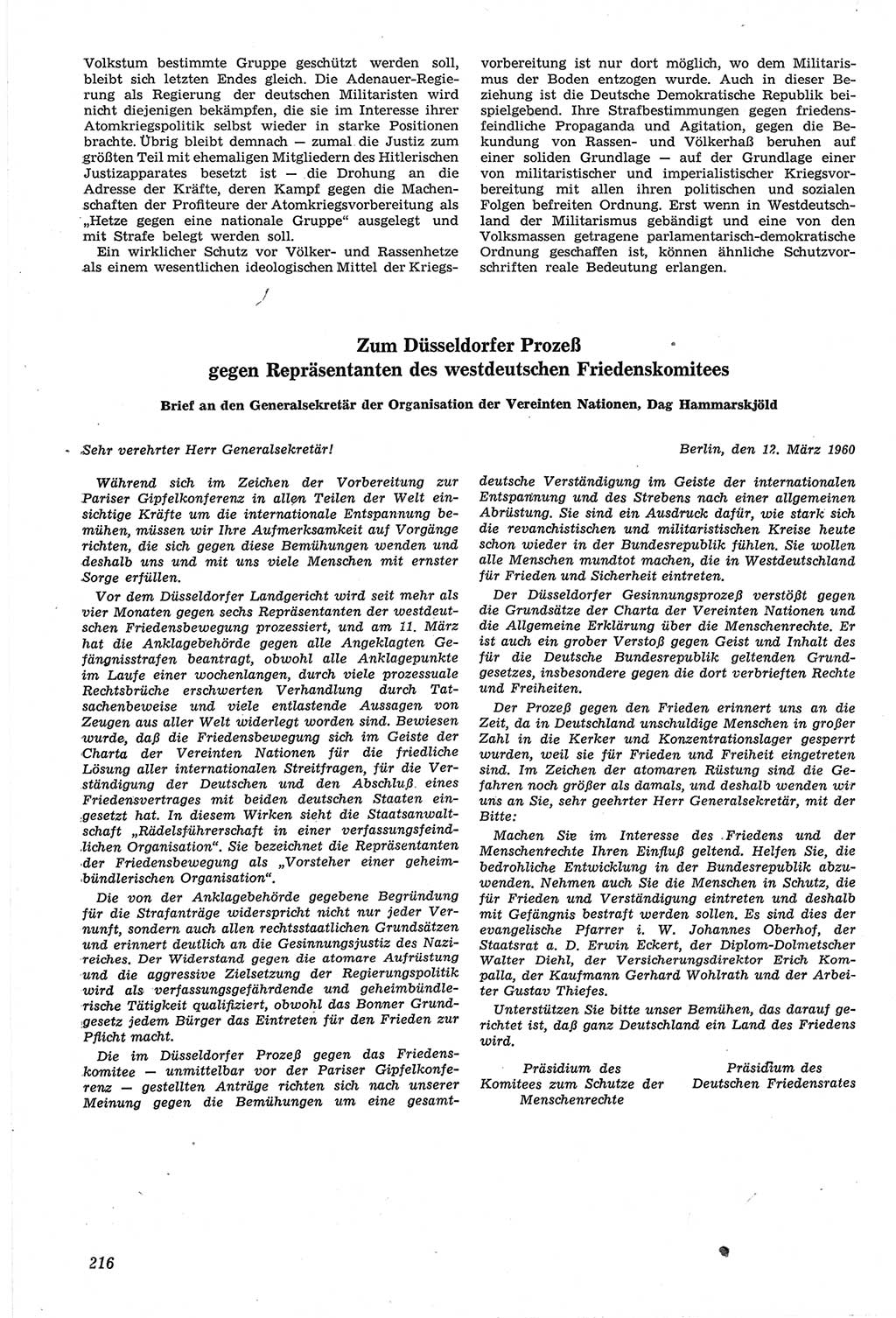 Neue Justiz (NJ), Zeitschrift für Recht und Rechtswissenschaft [Deutsche Demokratische Republik (DDR)], 14. Jahrgang 1960, Seite 216 (NJ DDR 1960, S. 216)