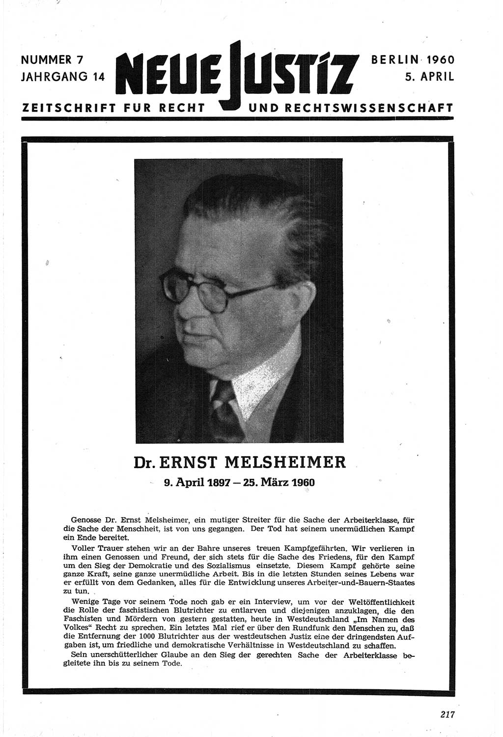 Neue Justiz (NJ), Zeitschrift für Recht und Rechtswissenschaft [Deutsche Demokratische Republik (DDR)], 14. Jahrgang 1960, Seite 217 (NJ DDR 1960, S. 217)