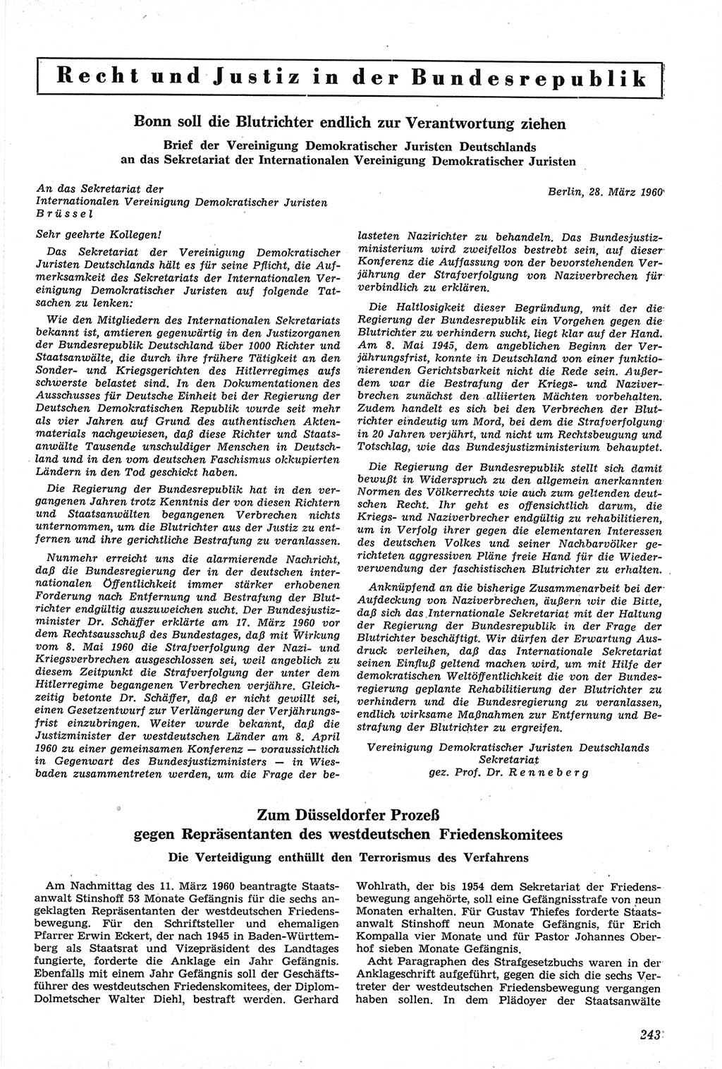 Neue Justiz (NJ), Zeitschrift für Recht und Rechtswissenschaft [Deutsche Demokratische Republik (DDR)], 14. Jahrgang 1960, Seite 243 (NJ DDR 1960, S. 243)