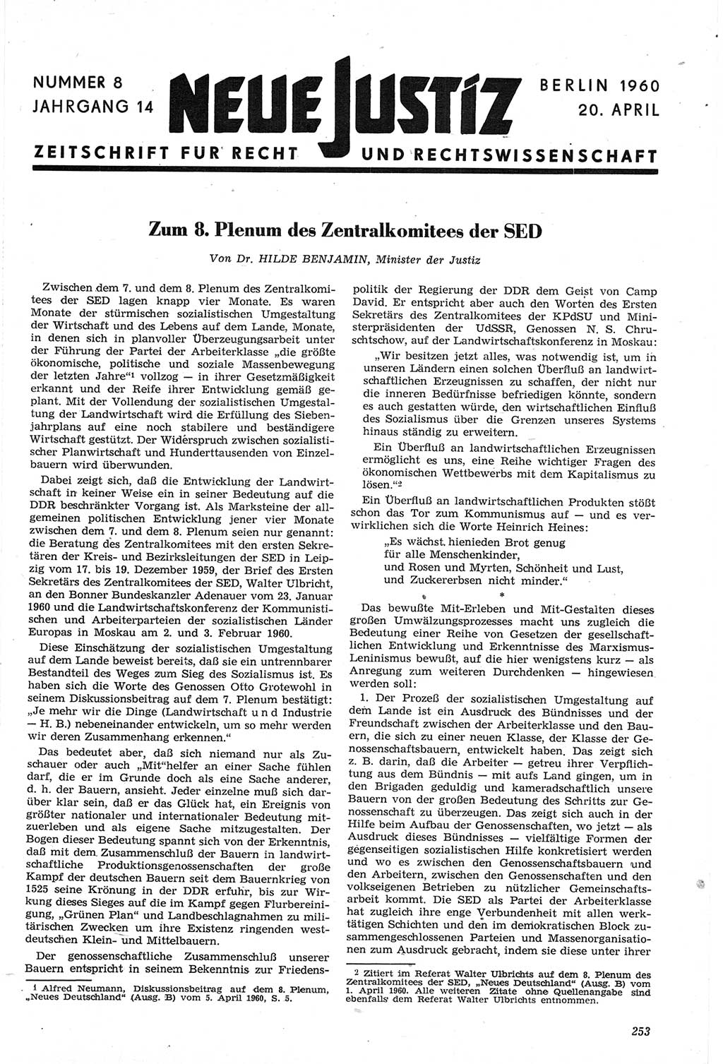 Neue Justiz (NJ), Zeitschrift für Recht und Rechtswissenschaft [Deutsche Demokratische Republik (DDR)], 14. Jahrgang 1960, Seite 253 (NJ DDR 1960, S. 253)